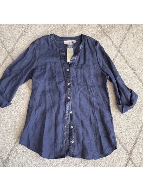 Chico's Tops - Chico’s NWT Linen Sequin Trim Blouse Blue Button Front Top Lightweight